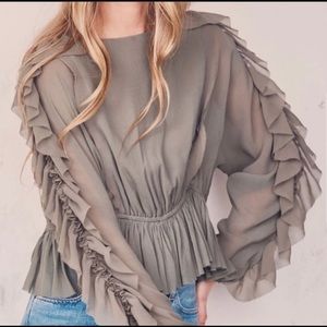 Love shack fancy silk ruffle olive green top M Anthropologie